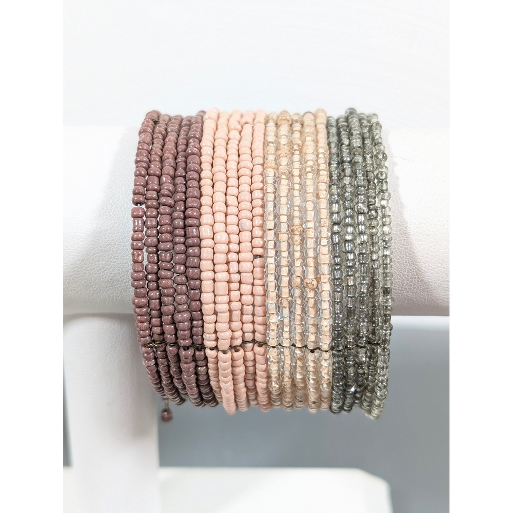 Wide Glass Bead Bracelet Ombre Boho Cuff Pink Purple Gray 7.5 Inch